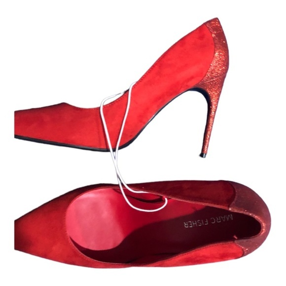 Marc Fisher red suede & glitter pointy toe stiletto pump heels size 11 brand new - Picture 10 of 12
